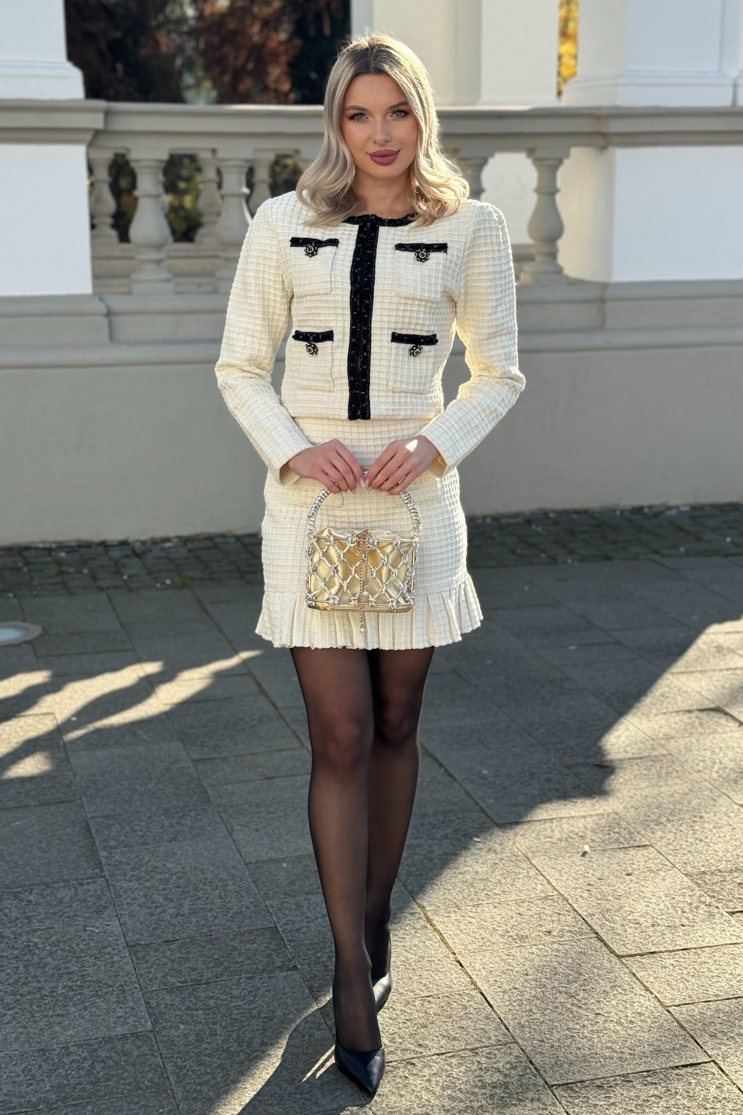 Maryne | Ensemble coordonné en tweed avec détails noirs