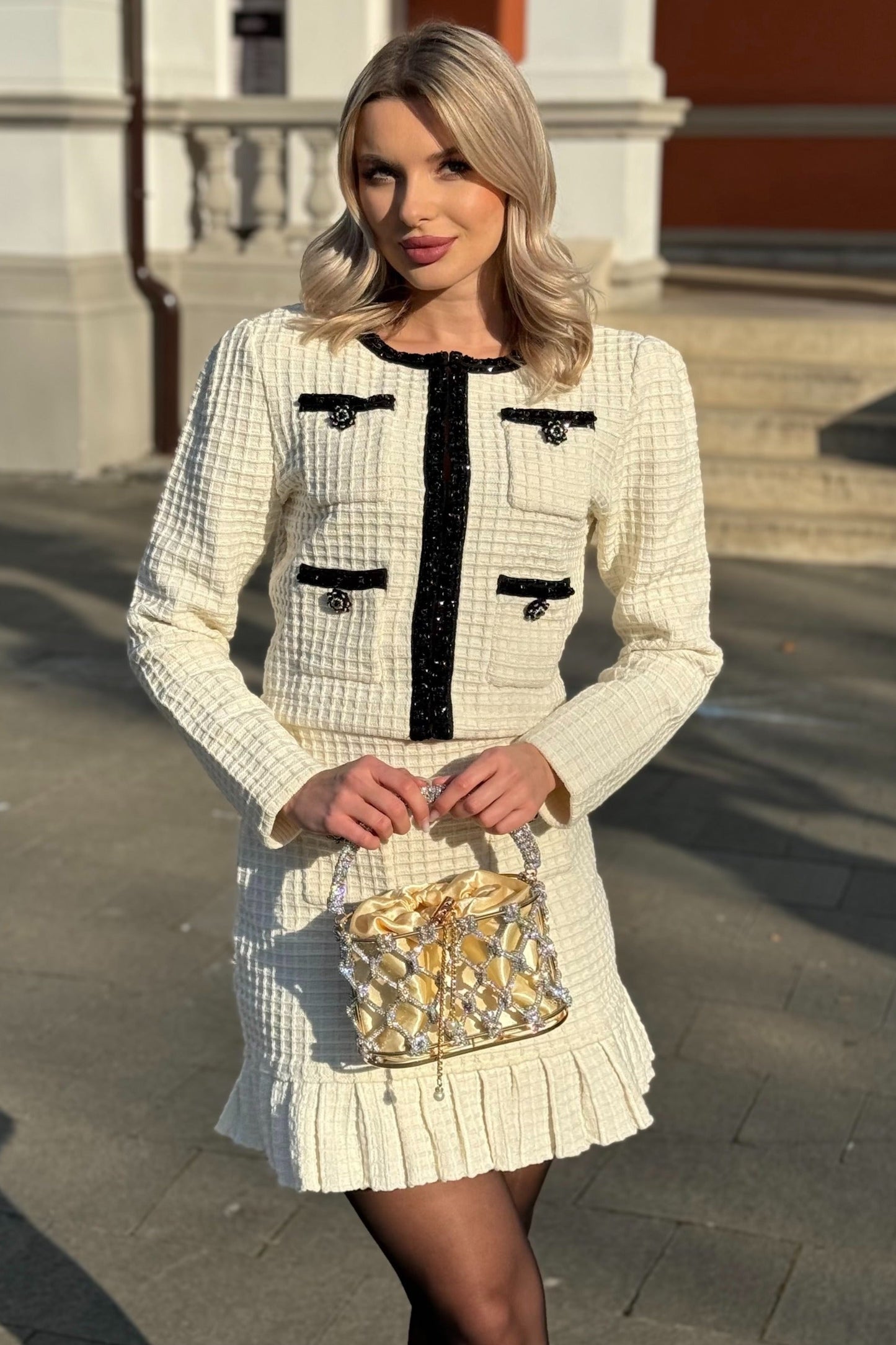 Maryne | Ensemble coordonné en tweed avec détails noirs