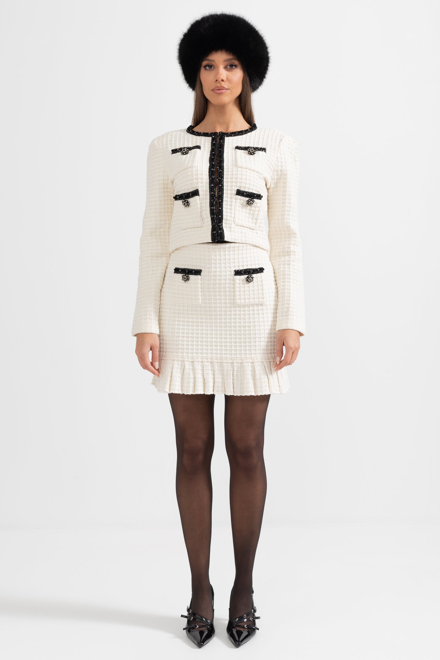 Maryne | Ensemble coordonné en tweed avec détails noirs