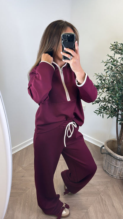 LIBERTY - Ensemble lounge bordeaux avec sweat à capuche zippé et pantalon