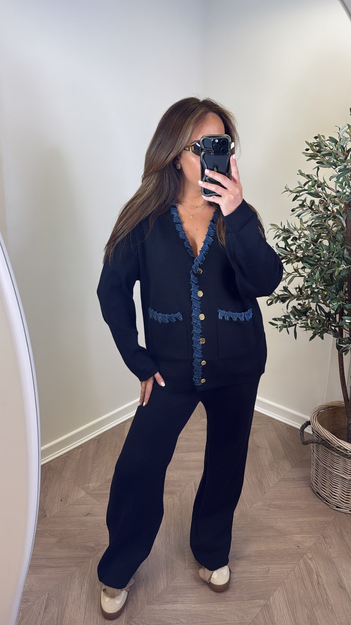 ALYSIA - Ensemble cardigan et pantalon contrastés en maille