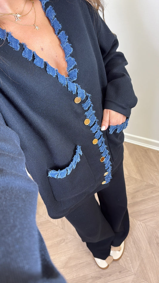 ALYSIA - Ensemble cardigan et pantalon contrastés en maille