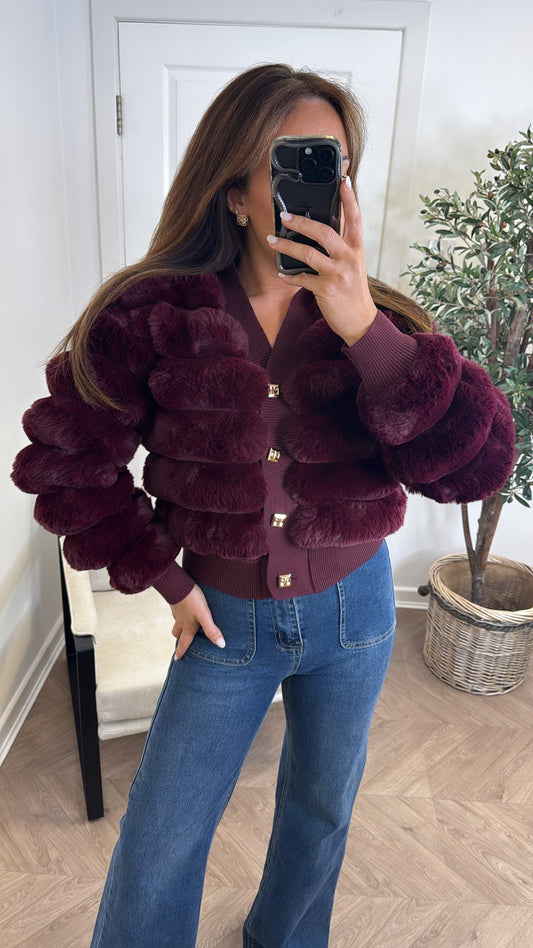 LYDIA - Cardigan en fausse fourrure bordeaux